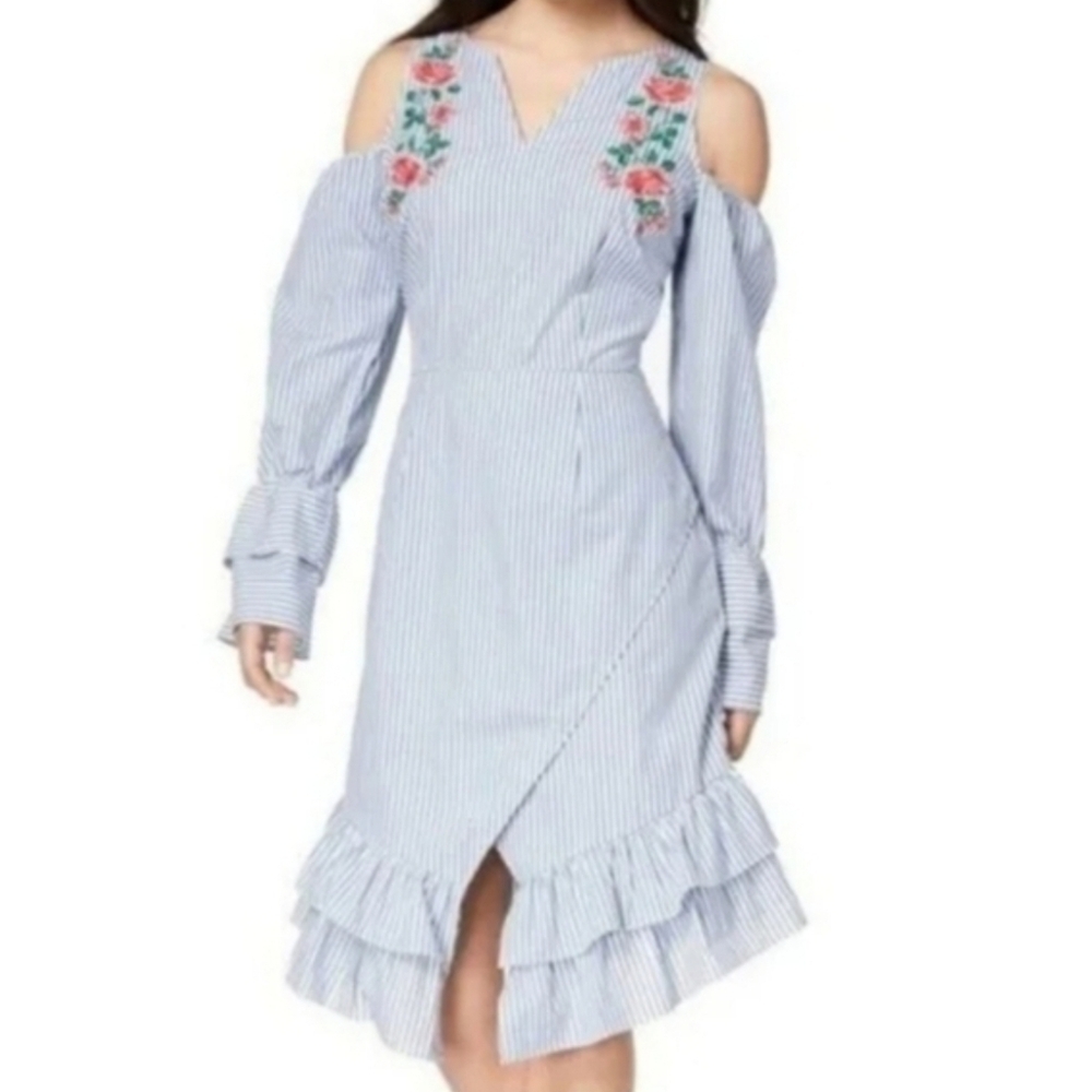 XOXO stripe cold shoulder long layered sleeve wrap dress